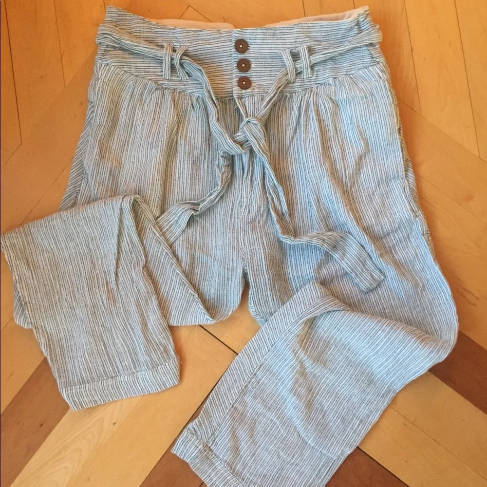 Breezy pin striped linen pants with belted waist - Picture 1 of 5